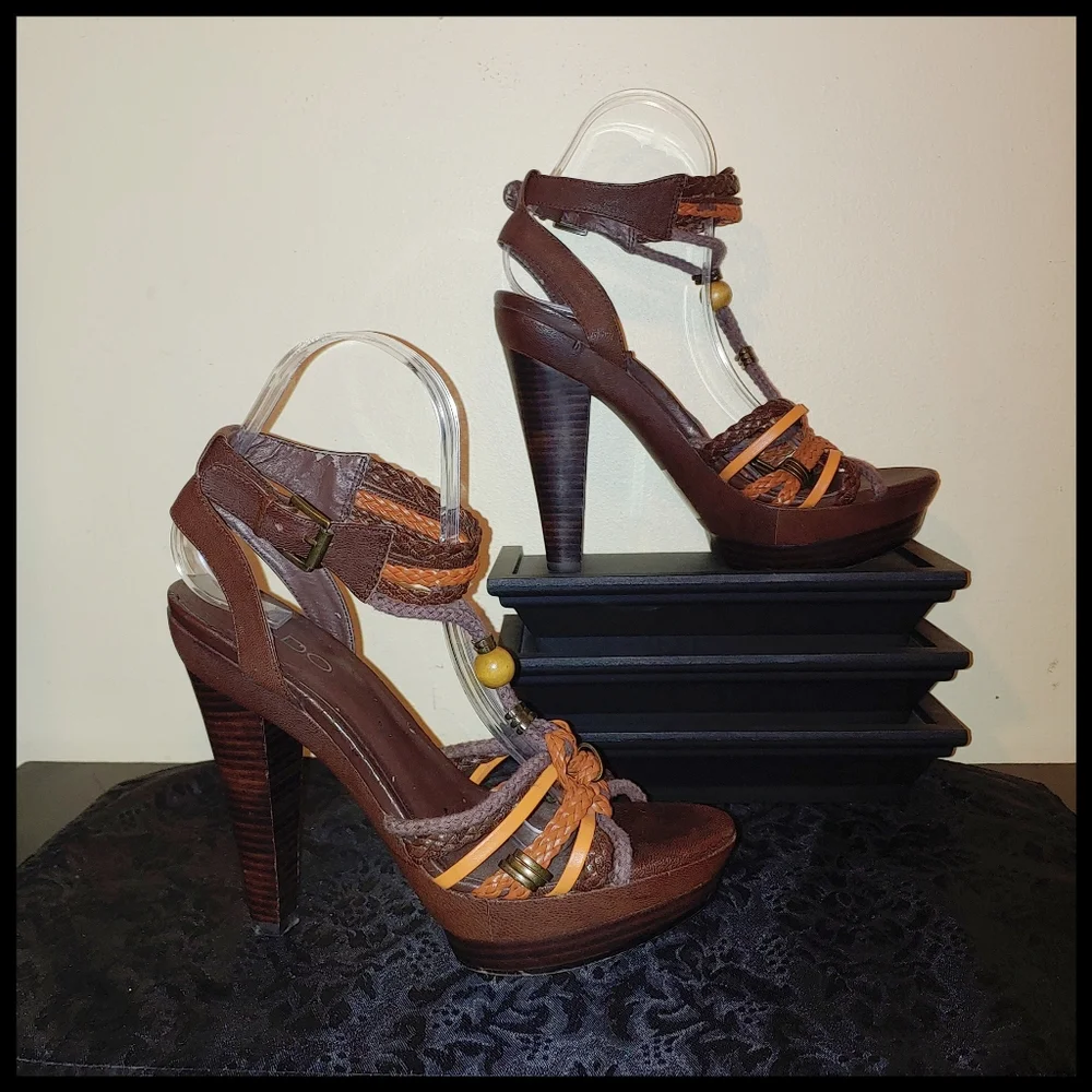 Aldo Brown Heeled Platform Sandals - Picture 1 of 13